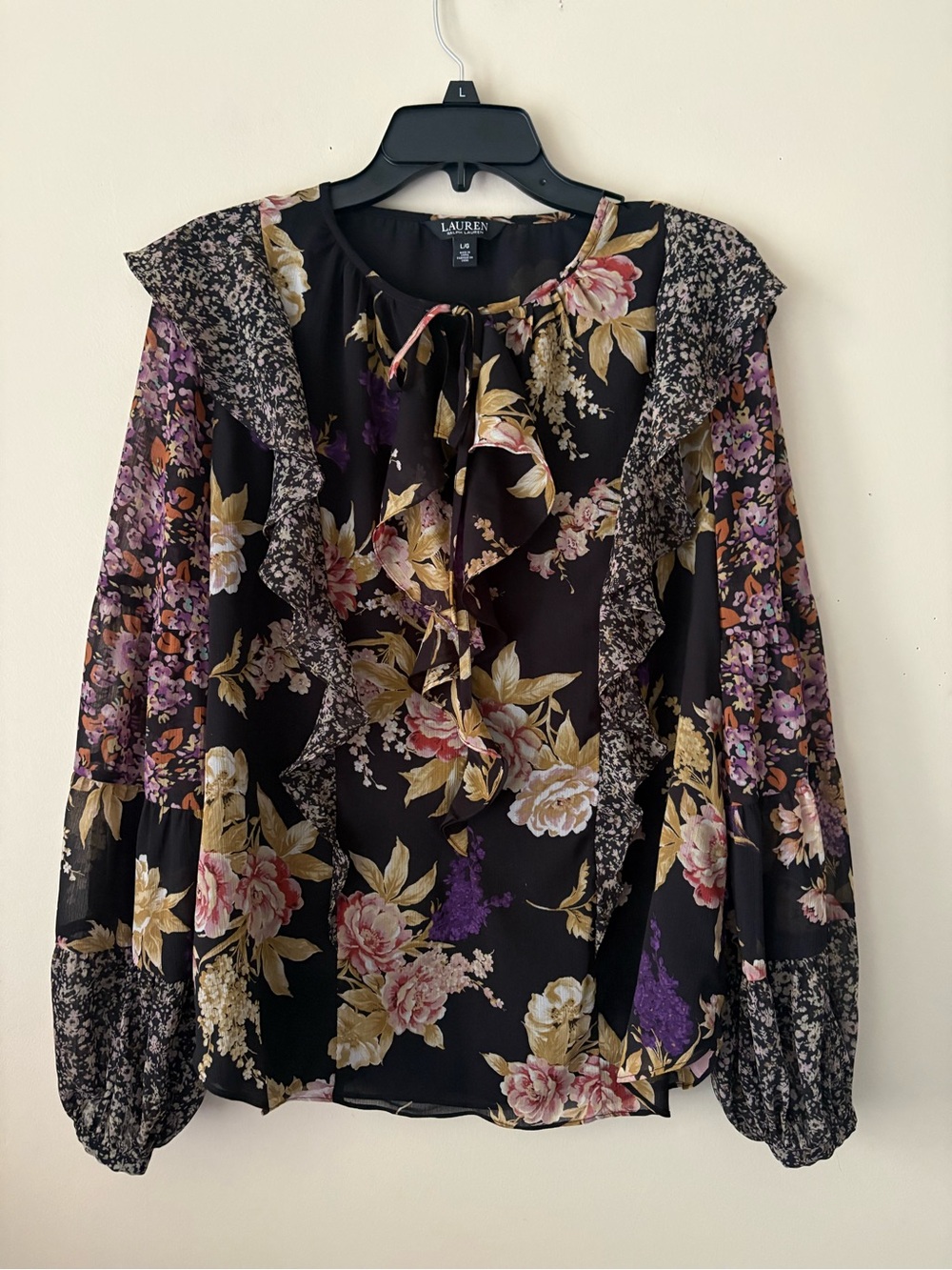Ralph Lauren Black Floral Ruffle Tie-Neck Blouse Sz.L Great Condition